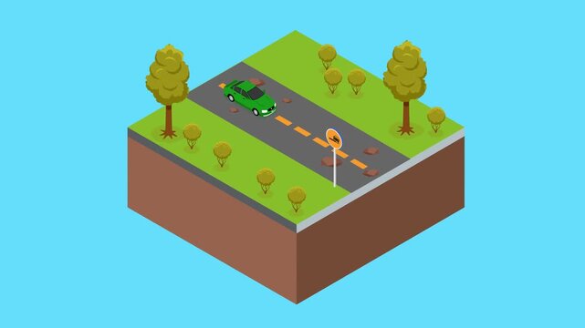 Road Landslide Disaster Illustration with Car and Falling Rocks 3d animation cartoon