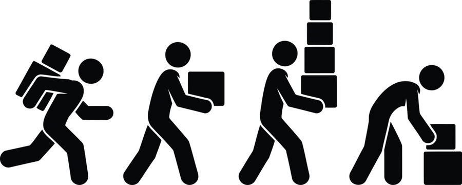 Four black stick figures illustrate different stages of package handling and movement