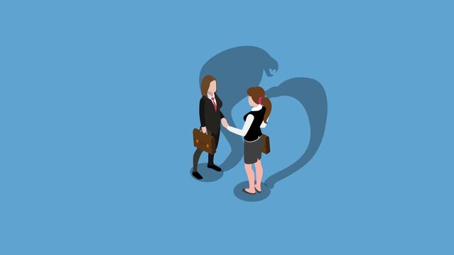 Businesswomen handshake with aggressive snake shadows 3d animation cartoon