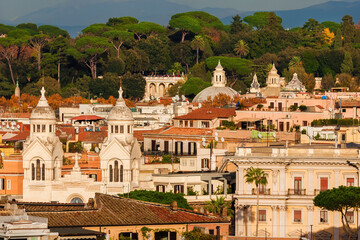 Rome historic center panoramic view with Pincian Hill panoramic gardens