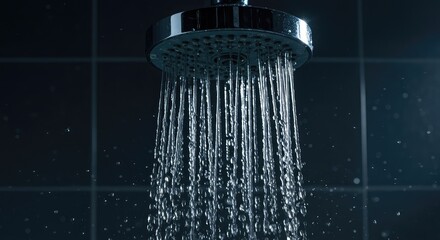 Crystal clear water drops falling rapidly from a modern shower fixture. Concept of cleanliness, hygiene, and refreshing comfort ,droplet ,purity ,clear