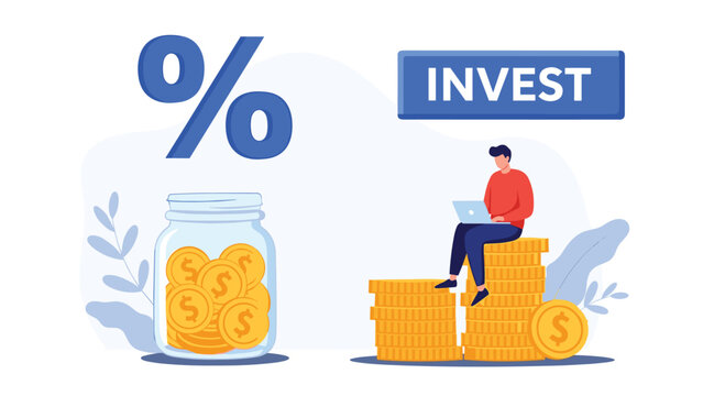 Investment and wealth concept showing a man with a laptop sitting on a stack of coins next to a jar of money.