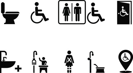 Set of eight black and white icons related to bathroom facilities, accessibility, and hygiene