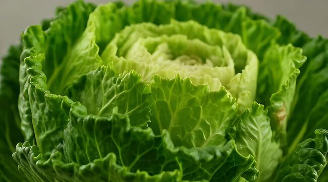 Closeup photograph of fresh vibrant green savoy cabbage head, detailed leaves