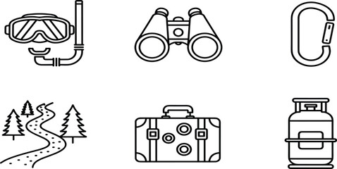 Travel and Outdoor Adventure Line Icons Set featuring Diving Mask, Binoculars, Carabiner, Forest Hiking Path, Vintage Suitcase, and Gas Cylinder.Travel and Outdoor Adventure Line  © Zakia