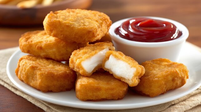 food shot of chicken nuggets with a white cup of ketchup