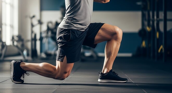 Close up of a man performing lunges in a gym with focus on leg muscles and fitness workout