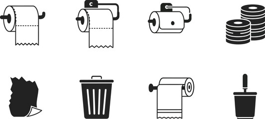 Toilet paper rolls and bathroom accessories icons set on white background holder