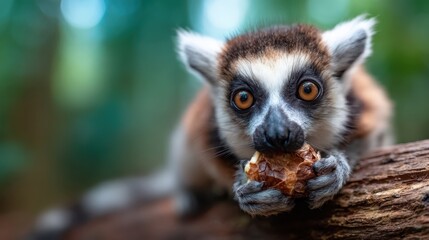 Obraz premium A close-up of a lemur holding a delicious snack, showcasing its expressive eyes and playful demeanor in a lush, vibrant forest background, perfect for wildlife photography.
