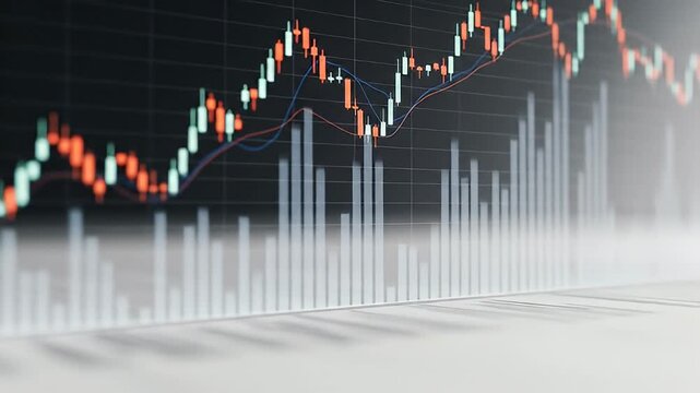 Financial Market Chart.
Description An abstract financial chart featuring candlestick and line graphs over a dark background