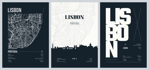 Obraz premium Detailed urban street plan city map, Set of travel posters with Lisbon, Silhouette city skyline, vector artwork, set 2