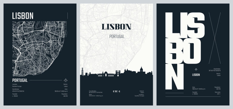 Detailed urban street plan city map, Set of travel posters with Lisbon, Silhouette city skyline, vector artwork, set 2
