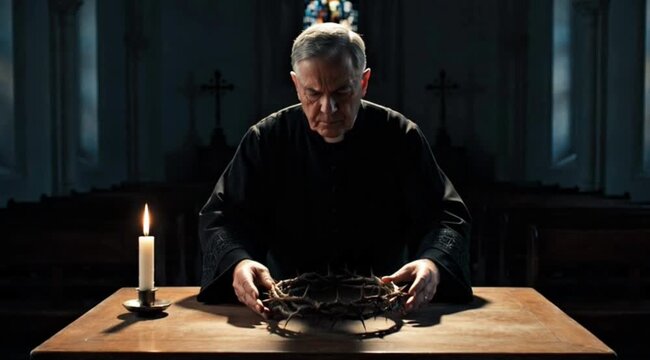 A priest in black vestments gently places crown of thorns on silent altar with single flickering candle. AI