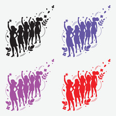 Obraz premium Celebrating women silhouettes group. Female team raising arms with stars and floral elements. International Women's Day vector set.