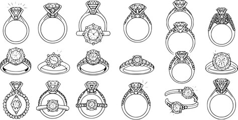 Hand-drawn line art collection of various diamond engagement rings and wedding bands in different styles, black and white sketch © naila