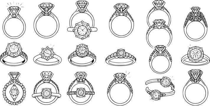Hand-drawn line art collection of various diamond engagement rings and wedding bands in different styles, black and white sketch