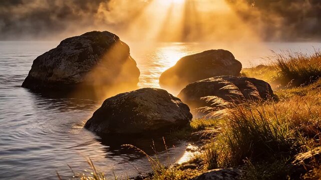 River stream with rocks and grass in golden sunlight