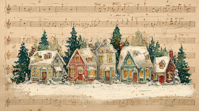 vintage watercolor christmas village illustration, antique sheet music background with snow covered houses, nostalgic winter scenery art