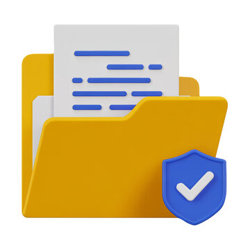 3D Folder with Paper Document and Checkmarked Shield for Verified Security