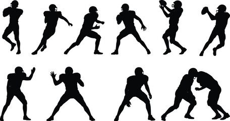 American football player silhouettes collection, athletes throwing catching defending tackling in action isolated black vector illustration set on white background