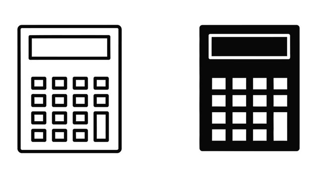 Calculator icon set, black outline and solid black on white background