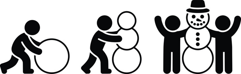 People icons show the step by step process of building a classic snowman during winter activities