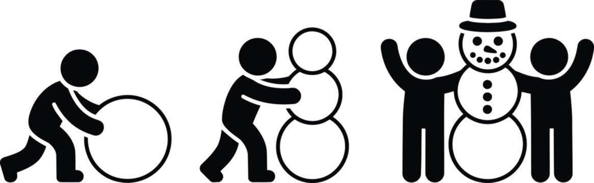 People icons show the step by step process of building a classic snowman during winter activities