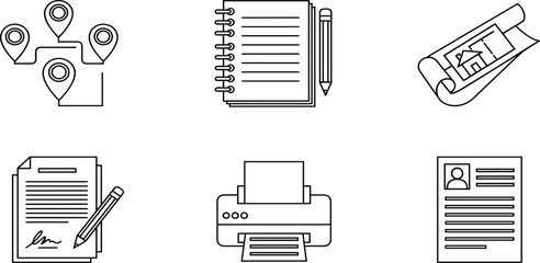 Business Planning Icon Set Featuring Map Location Pins Spiral Notebook House Blueprint Architecture Plan Signed Contract Printer And Professional Resume 