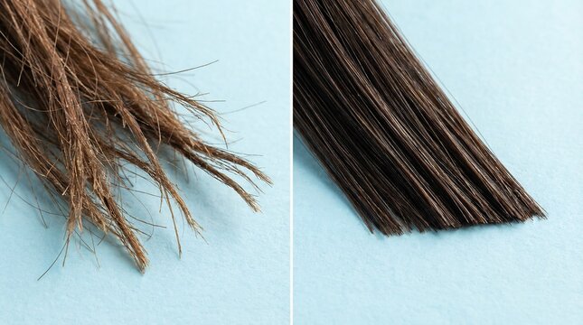 Comparison of damaged split ends next to healthy trimmed brown hair strands displayed against a light blue background for cosmetic comparison.