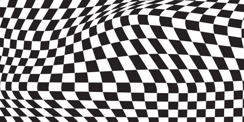 Distorted checkered pattern black and white background design - wavy effect illusion modern vector