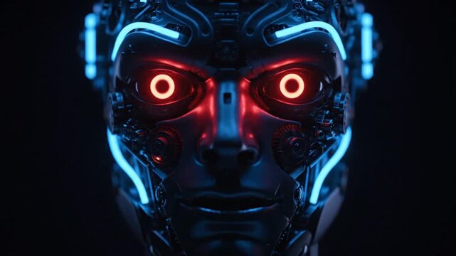 Futuristic robot with glowing red eyes and blue neon lights on face