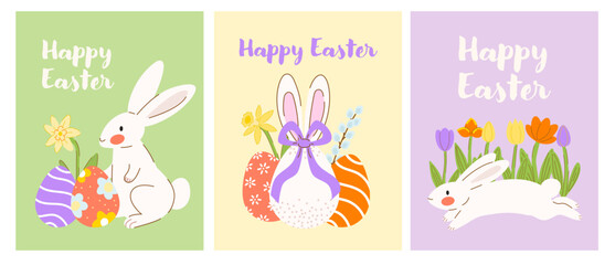Fototapeta premium Easter greeting card set with bunny rabbit hare and decorated eggs. Flat hand draw vector illustration in pastel colors