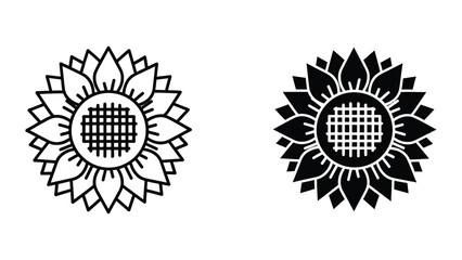 Black and white sunflower icon set on white background
