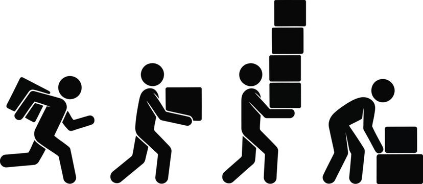 Several stick figure people perform various tasks moving and stacking boxes on a clean background