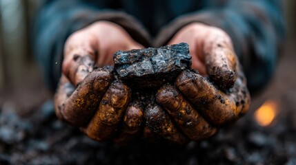 Hands with dirt and coal illustrate the connection between individuals and nature, emphasizing themes of labor, sustainability, and the rawness of natural resources.