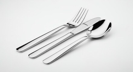 Elegant stainless steel cutlery set, featuring a dinner knife, fork, and soup spoon, professionally isolated on a pristine white background ,cutlery ,stainless steel ,elegant