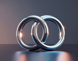 abstract 3D composition of two interlocking silver metallic rings with a brushed texture, placed on a clean neutral surface with soft directional lighting