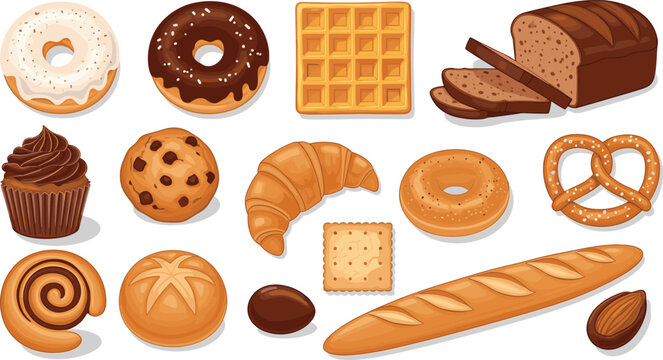 Bakery Desserts and Bread Collection. Donut, Croissant, Waffle and Baguette Illustration. Detailed Baked Goods Vector Set for Cafe and Menu Design.