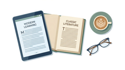 Tablet Next to Book and Coffee.