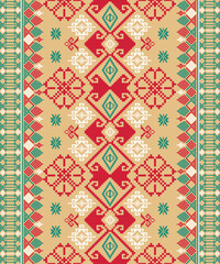 Seamless pixel art ethnics, Traditional Ukrainian Cross-Stitch Embroidery - Detailed Vector.	