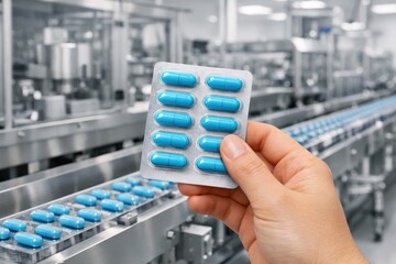 Fototapeta premium Pharmaceutical Production Inspection: A hand inspects a blister pack of blue pills, representing pharmaceutical production and quality control with a focus on manufacturing processes.