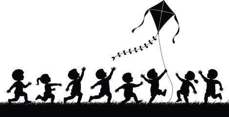 Silhouetted children joyfully run across a field, hands raised, interacting with a playful kite in flight