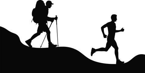 Silhouettes of a dedicated hiker with backpack and poles walking near a fit man running outdoors
