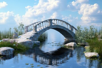 Obraz premium Stunning stone bridge reflecting in tranquil water under a bright blue sky