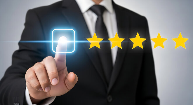 Businessman giving five star rating with glowing button