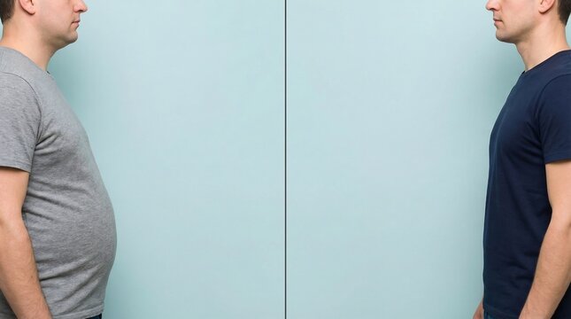 Man's side profile before and after weight loss comparison shows significant reduction in abdominal fat against a light blue background.