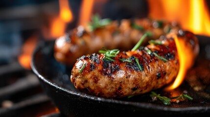 Juicy, grilled sausages are cooking over a flame in a skillet, showcasing a mouthwatering meal that epitomizes comfort food and outdoor grilling experiences.