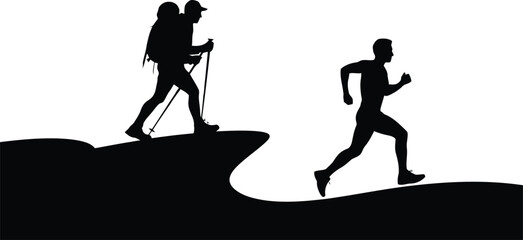 Silhouettes of a determined hiker with a backpack and a fast runner on uneven outdoor ground