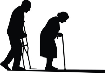 Silhouettes of an elderly man using crutches and an old woman with a walking stick moving forward slowly
