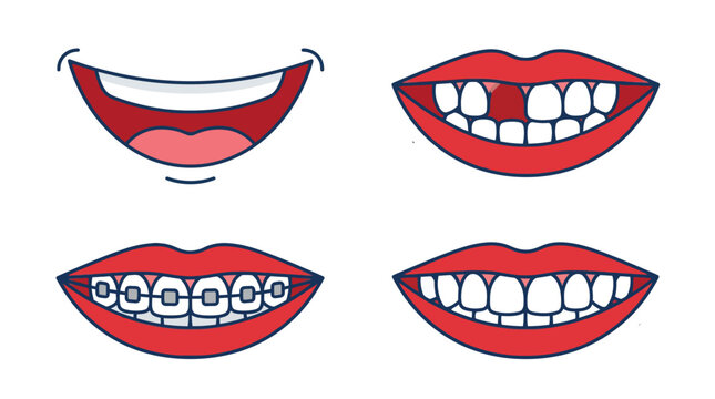 Oral Health Smiles Missing Tooth Braces Healthy Gums Dentistry Orthodontics Treatment Flat Cartoon Outline Style Isolated Vector Illustration